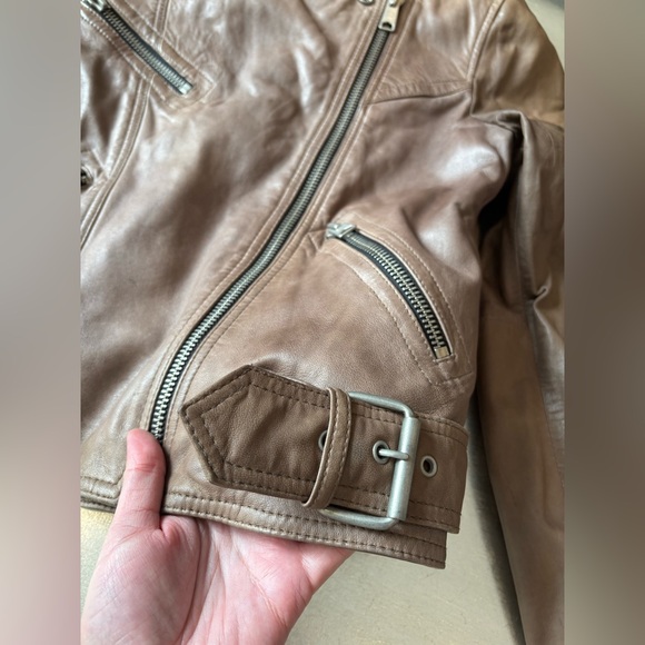AllSaints Lamb Leather Biker Jacket Natural Pointed Collar Padded Inside US 10 - Picture 5 of 16